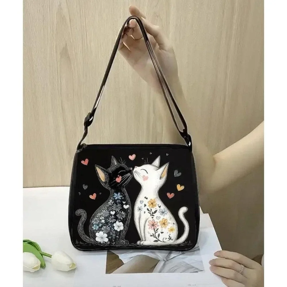 Black White Cats Lovers Crossbody Bag Large Floral Graphic Heart NWT
